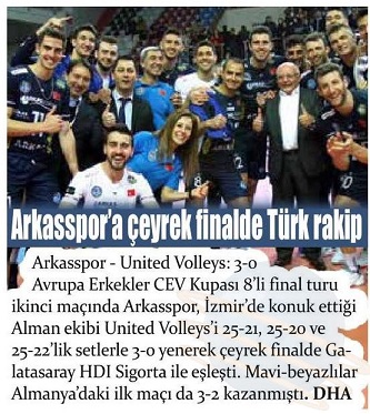 Arkas Spor'a çeyrek finalde Türk rakip