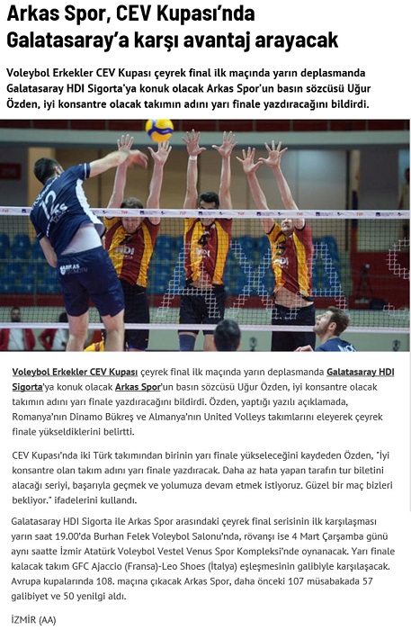 Arkas Spor, CEV Kupası'nda Galatasaray'a karşı avantaj arayacak