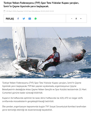 Türkiye Yelken Federasyonu (TYF) Spor Toto Yıldızlar Kupası yarışları İzmir'in Çeşme ilçesinde yarın başlayacak